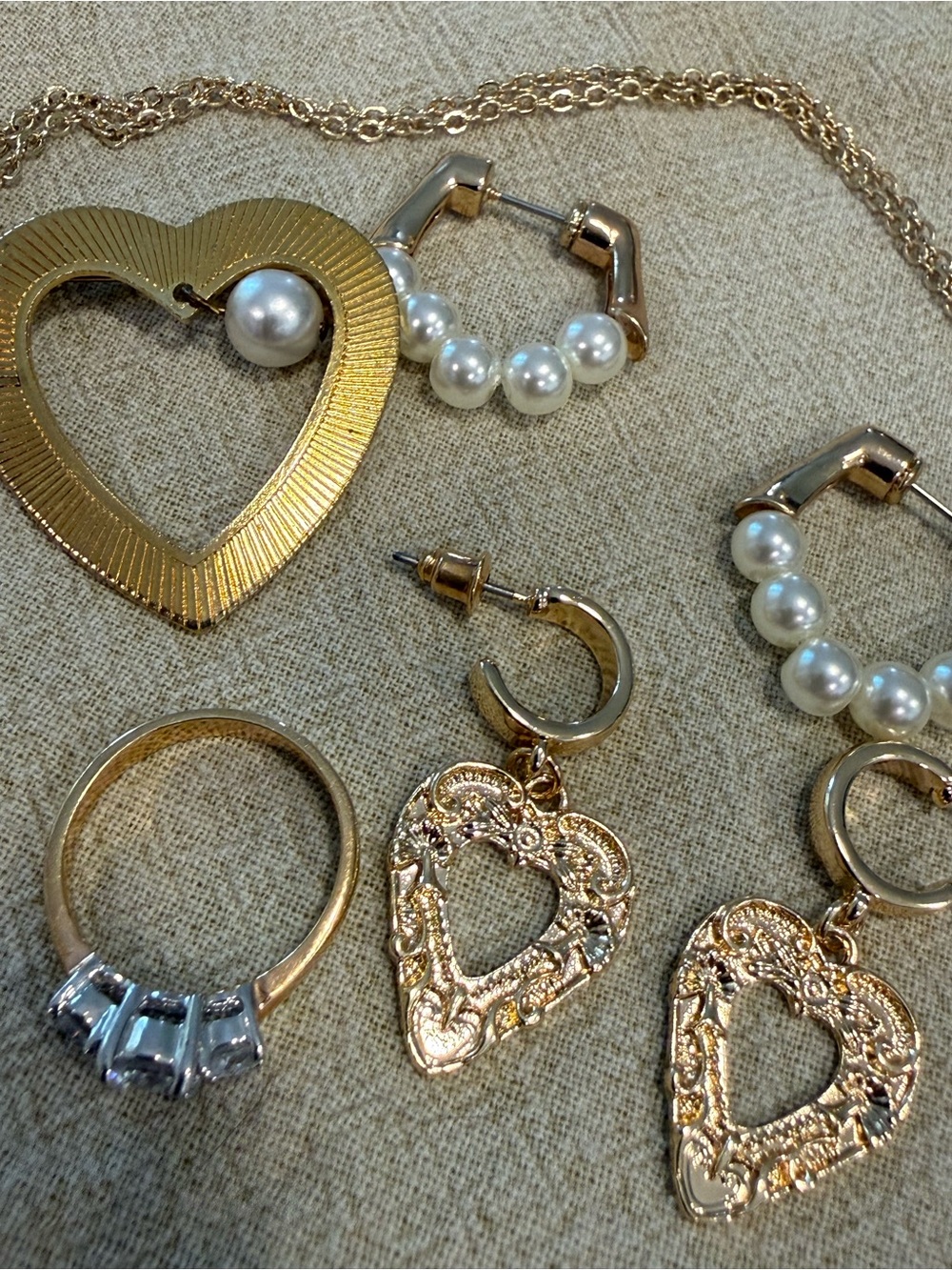 Gold tone jewelry set faux pearls heart brooch earrings necklace ring bridal